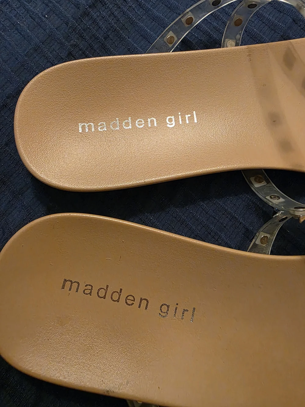 Madden Girl Tan Slide Sandals with Clear Studded Straps